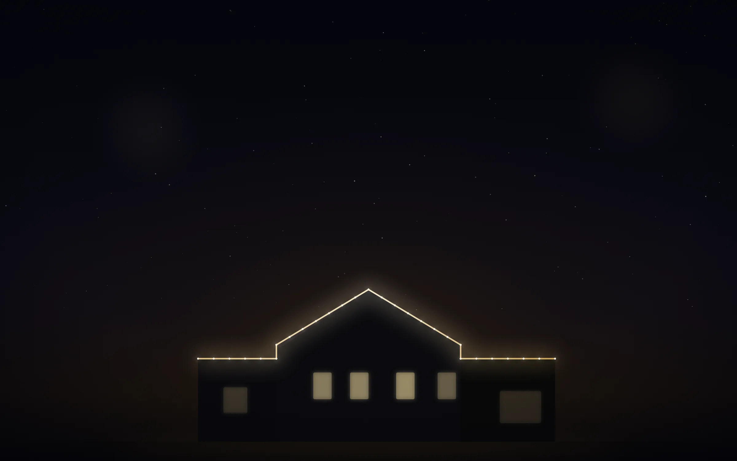 A home at dusk with its roofline traced in warm Lumeva permanent lighting against a starlit sky